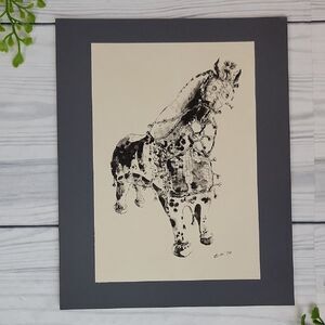 Ink Drawing Print Of A Tang Dynasty Style Horse Signed " Eve "  '70